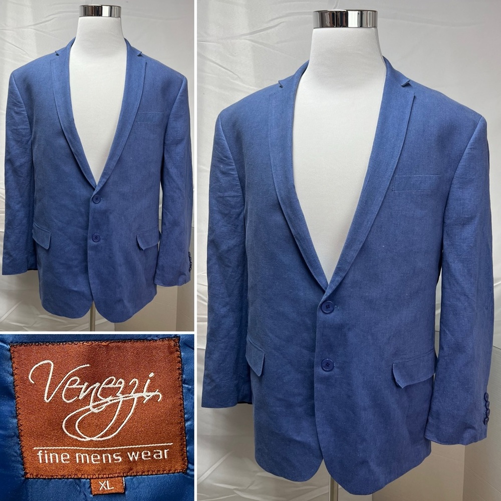 Venezzi Vintage Blue Linen 2-Button Double Vented XL Blazer Jacket Sport Coat